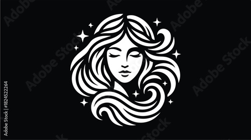Elegant woman with flowing hair and stars a celestial beauty.