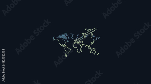 Global travel concept: minimalist airplane flying over a world map outline on a dark background, symbolizing international journeys and aviation.