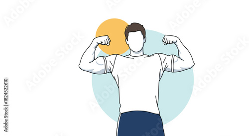Illustration of a muscular man flexing his arms with colorful circles in the background.