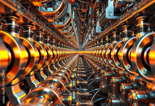 Infinitely repeating robotic parts, geometric precision, metallic textures,  automation,  pattern