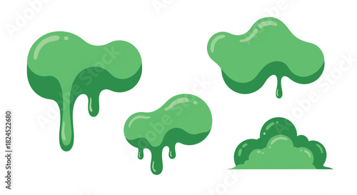 Collection of green slime blobs and drips on a white background.