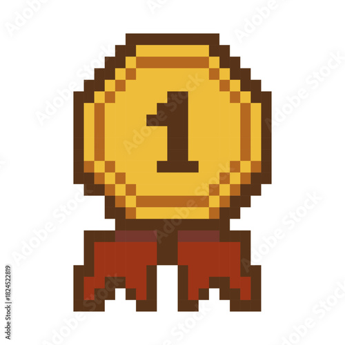 Retro pixel medal with number 1 and ribbon