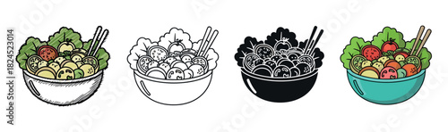 Four salad bowl illustrations in different styles showing a healthy meal with fresh vegetables, including sketch, line art, silhouette, and full color cartoon vector icons