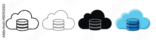 Set of cloud database technology icons presented in four different artistic styles including sketch, outline, silhouette, and flat color vector illustration for web and mobile