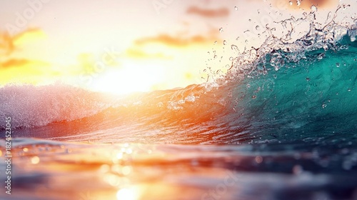 Fototapeta Naklejka Na Ścianę i Meble -  A close-up view of a turquoise ocean wave crashing, with the sun setting behind it, casting golden light and creating spray. The water is clear and the sky is f