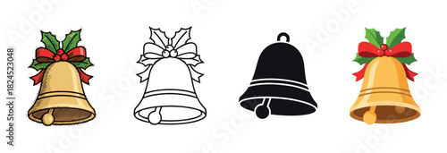 Set of four christmas jingle bells with a red bow and holly, showcasing different artistic styles like a hand-drawn sketch, simple outline, black silhouette, and flat vector icon