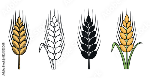 Four wheat ear vector illustrations set in different graphic styles including full color, simple line art, and a solid black silhouette for agricultural design