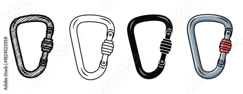 Set of four locking screw-gate carabiners for climbing shown in multiple illustration styles from hand-drawn sketch and outline to solid black silhouette and colored cartoon
