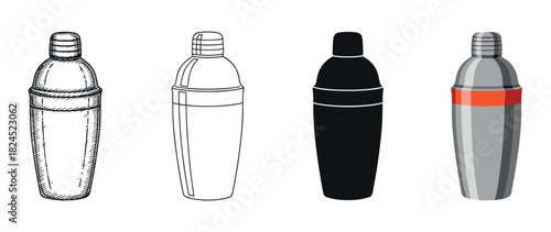 Set of four cocktail shaker illustrations in different artistic styles including hand-drawn sketch, simple outline, solid black silhouette, and a colored flat vector design