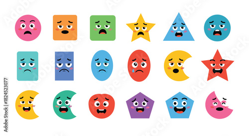 Collection of various cartoon shapes with expressive, sad faces conveying a range of emotions.
