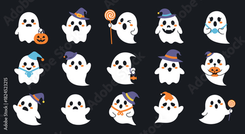 A charming collection of cute Halloween ghosts in various costumes and poses against a dark background.