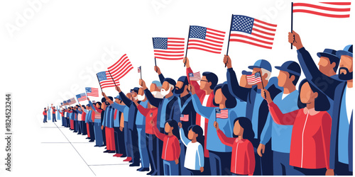 Crowds of people of all ages and races stand in line waving American flags. It's a symbol of patriotism, a demonstration, a celebration of Veterans Day, or Independence Day.