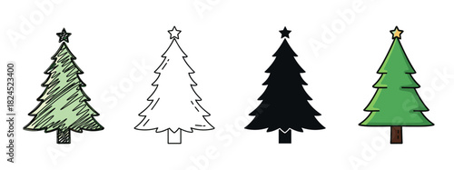 Four different christmas tree vector icons in a collection showing various graphic styles like scribble, line art, solid silhouette, and simple flat color illustration