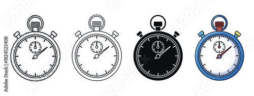 Set of four stopwatch timer icons in different artistic styles including sketch, outline, silhouette, and full color for concepts of time, speed, and deadlines