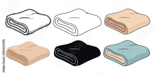 Set of six folded blanket illustrations in various artistic styles including sketch, line art, silhouette, and full color, showing different design options for textile icons