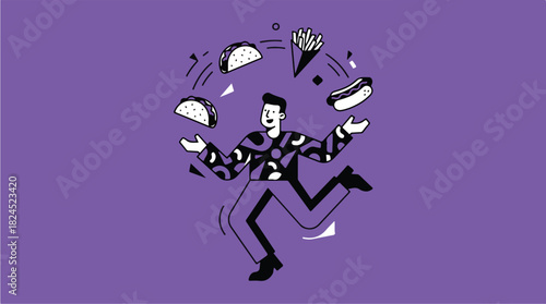 Man Juggling Fast Food Items with Skill and Fun.