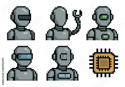Pixel art robot and cpu icons set for a retro video game with different character sprites and a microprocessor chip, showing various android designs and technology elements