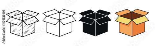 Set of four open cardboard box icons showing different vector illustration styles, including a hand-drawn sketch, simple outline, solid glyph, and a full color flat design