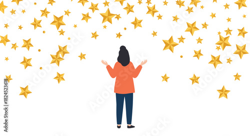 A person with outstretched arms under a shower of golden stars, celebrating success or good fortune.