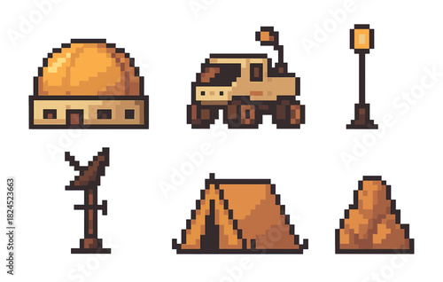 Pixel art set of space colony icons featuring a rover, habitat dome, tent, and antenna in a retro 8-bit video game sprite style for a desert planet exploration theme