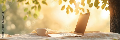 Laptop and coffee cup in sunny park at sunrise. Concept of remote work, freelance, digital nomad, or online learning in nature. Golden sunlight filters through tree leaves