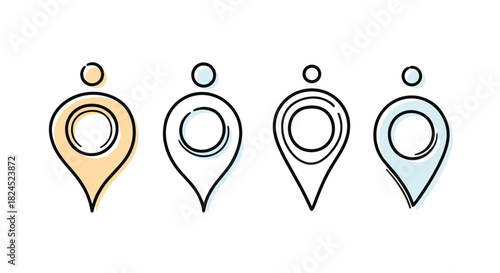 Four simple and stylized map pin icons with watercolor accents in yellow, blue, and light blue.