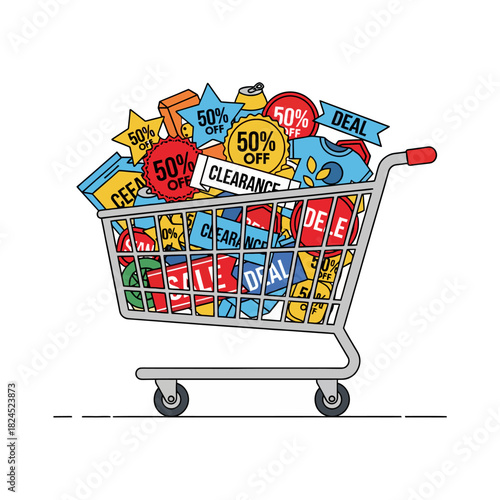 Shopping carts are filled with various stickers, labels, and promotional badges for discounts, sales, and clearance. The concept of Black Friday shopping sprees and retail specials.