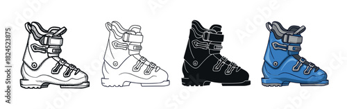 Set of four ski boots illustrated in different artistic styles, showing a detailed sketch, simple line art, a black silhouette, and a blue colored cartoon version