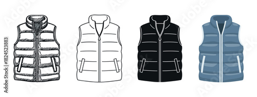 Four puffer vest gilet illustrations set showing different styles including hand drawn sketch, line art outline, black silhouette icon, and blue flat color vector design