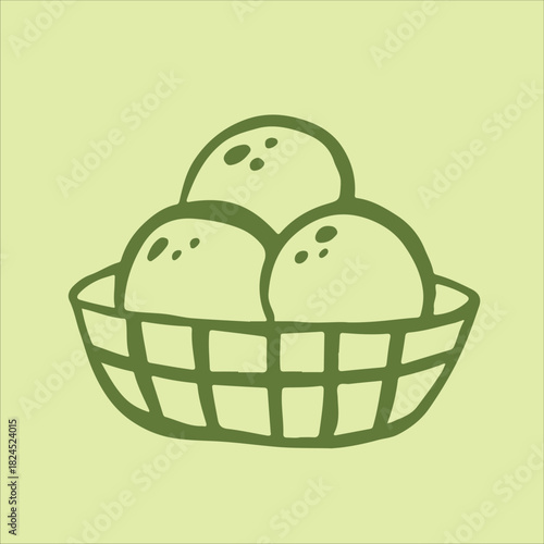 Three vibrant scoops of matcha green tea ice cream nestled in a charming striped bowl, placed on a soft, light green background.