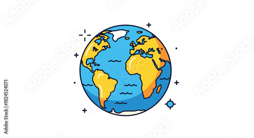 Stylized cartoon illustration of planet earth with continents in yellow and oceans in blue.