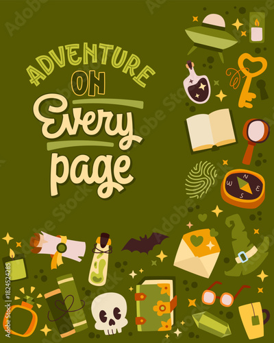 Adventure On Every Page. An inspirational design with original lettering, surrounded by illustrations on the theme of diverse book genres and adventures. Suitable for libraries, book-related events 