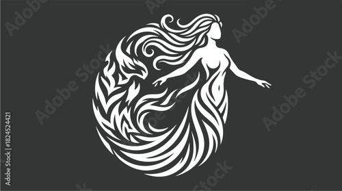 Elegant flowing hair woman silhouette in white on a dark background.