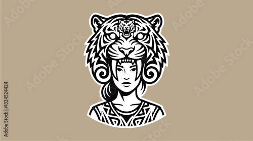 Woman wearing a fierce tiger head mask black and white illustration.