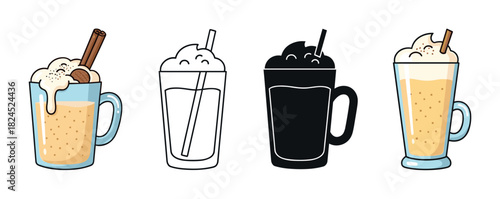 Collection of cartoon eggnog illustrations in glass mugs, featuring color, line art, and silhouette versions of the creamy holiday beverage topped with cinnamon and spice