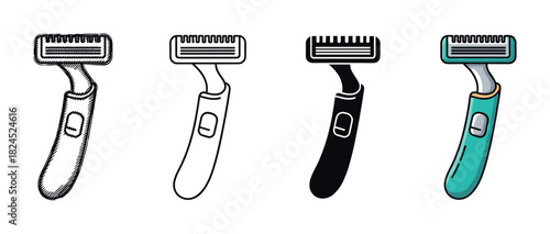 Set of four disposable razor icons showing different artistic styles including a hand-drawn sketch, simple line art, a solid black silhouette, and a full color cartoon illustration