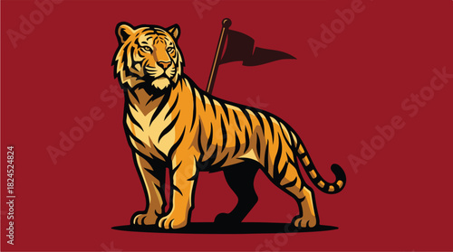 Majestic Tiger Standing Proudly with a Flag on a Red Background.