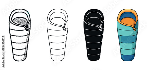 Four sleeping bag vector icons presented in a collection of different graphic styles like sketch, line art, glyph, and a full-color cartoon drawing for outdoor adventure