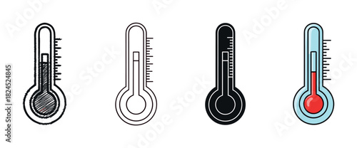 Set of four thermometer icons in different artistic styles including sketch, line art, silhouette, and full color for weather and temperature measurement concepts