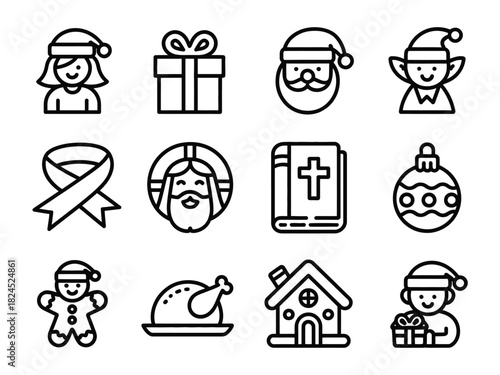 A collection of christmas themed line art icons including santa claus and jesus