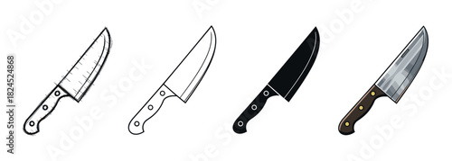 Collection of four kitchen knife icons shown in different design variations, including a rough doodle, a simple line art drawing, a black silhouette, and a detailed color vector