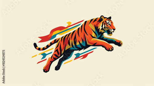 Vibrant tiger leaping with colorful arrows and ribbons.