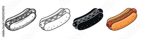 Hot dog vector illustration set with four different styles: hand-drawn doodle, simple line art, solid black silhouette, and a classic colorful cartoon version of the snack