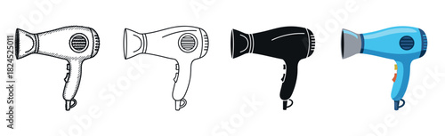 Set of four hair dryer illustrations showing different graphic styles from a hand-drawn sketch and line art to a solid black silhouette and a modern flat color cartoon