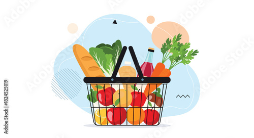 Flat illustration of a shopping basket overflowing with fresh groceries and produce.