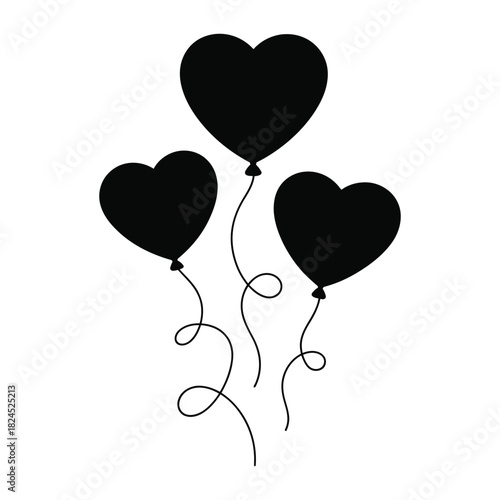 Three heart shaped balloons floating silhouette