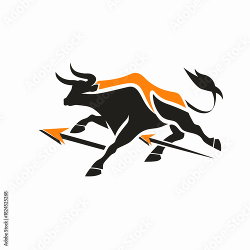 Dynamic stylized charging bull icon with orange and black colors, symbolizing strength, speed, power, and a bullish market.