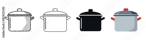 Set of cooking pot icons presented in four distinct styles: a rough hand-drawn sketch, a clean line art outline, a solid black silhouette, and a modern flat color vector illustration