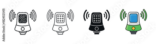 Baby monitor audio transmitter icon set with four distinct design variations: a hand-drawn doodle, simple outline, black silhouette, and a modern flat color illustration