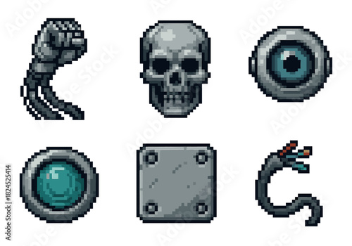 Set of pixel art cyberpunk icons featuring a robotic fist, metallic skull, camera eye, glowing button, metal plate, and broken wires for a retro video game aesthetic